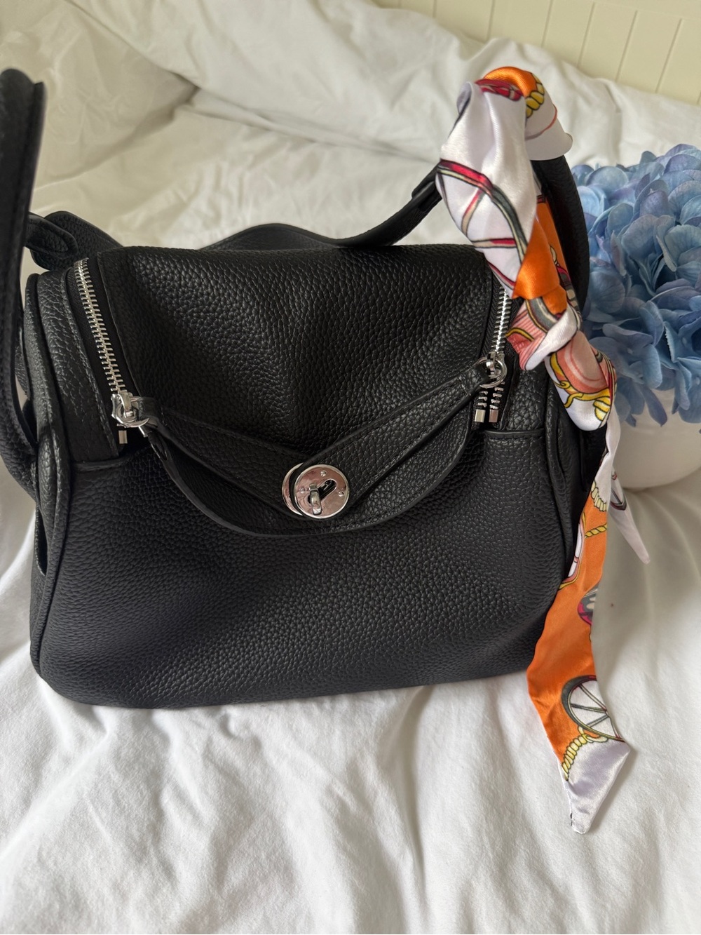Black Pebbled Leather Shoulder Bag with Orange Accent Scarf